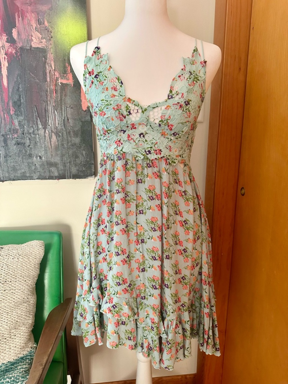 Free People Floral Lace-Trim Mint Mini Dress